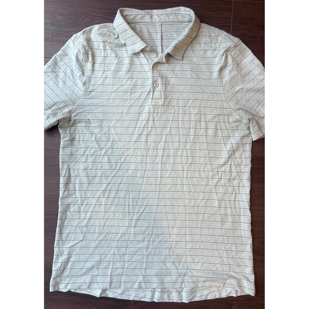 Lululemon Mens Short Sleeve Striped Polo Shirt Gray White Athletic Golf Size L